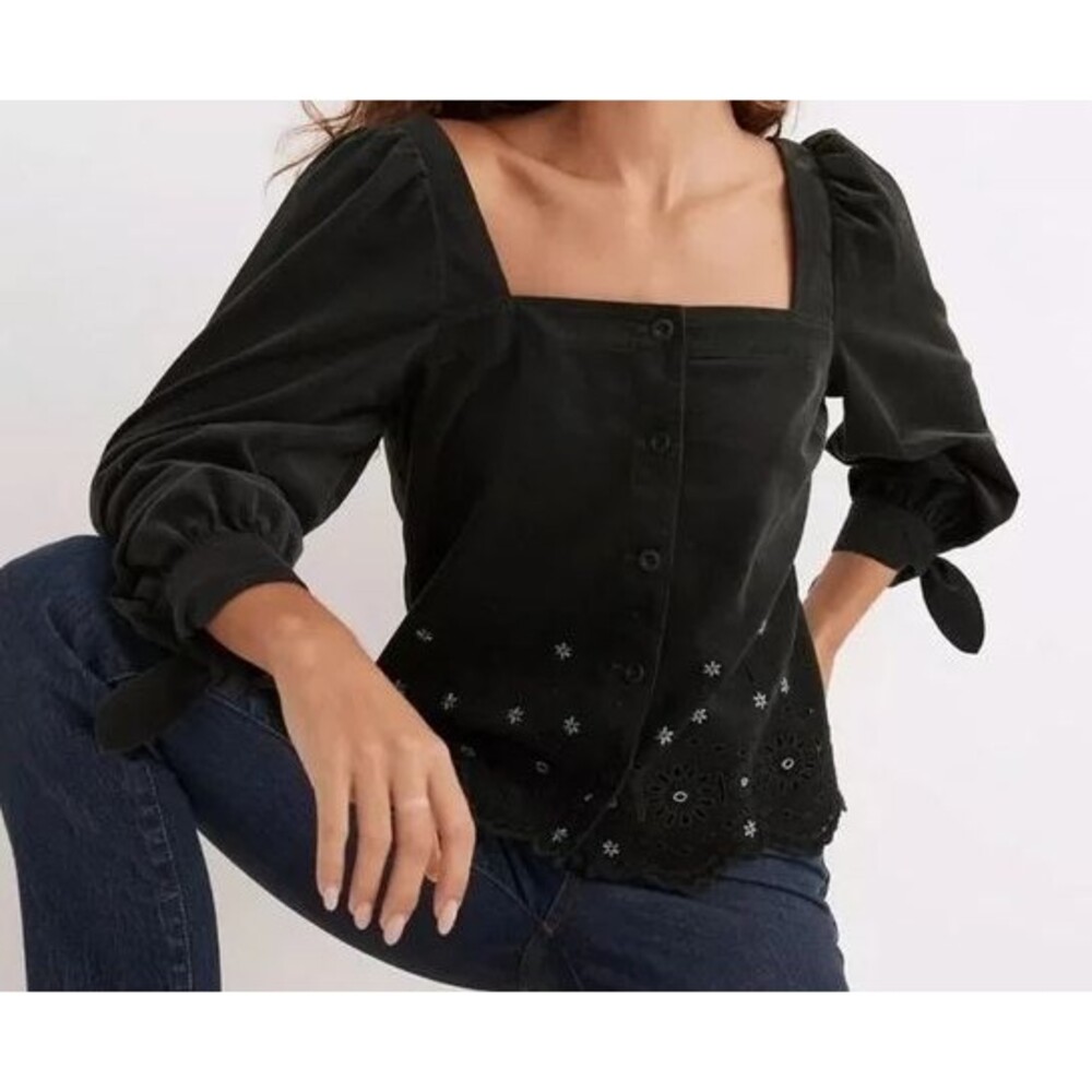 Madewell Embroidered Green Corduroy Tie Sleeve Eyelet‎ Blouse Women size XXS